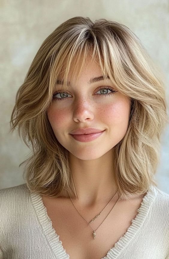 Feathered Curtain Bangs on Medium Hair