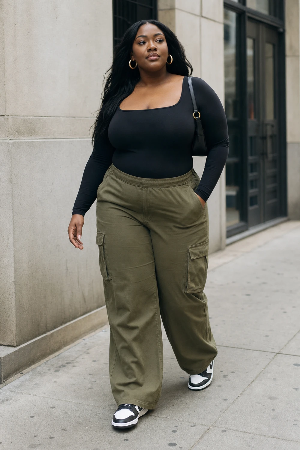 Plus size woman wearing a black bodysuit with olive cargo pants and sneakers
