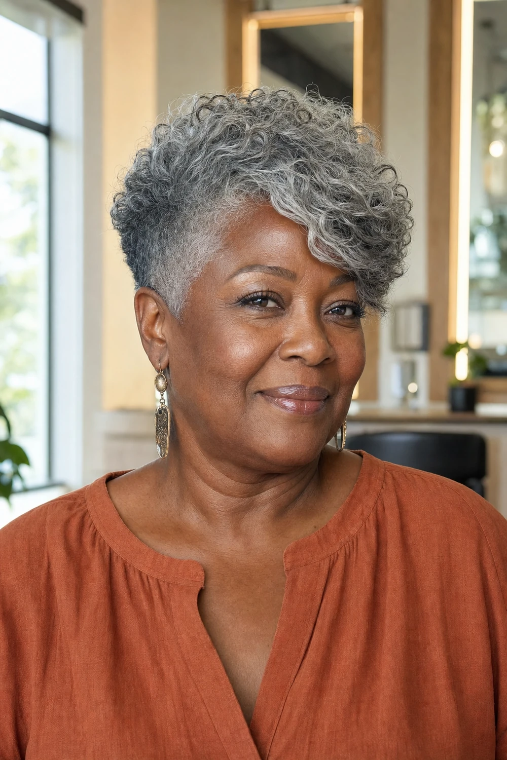 Plus size older woman wearing a long tapered pixie haircut with side-swept bangs