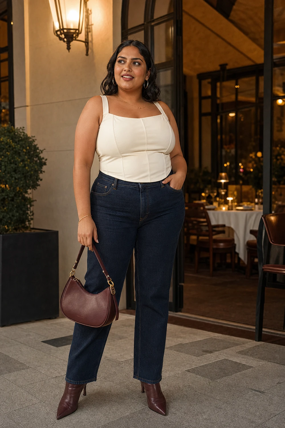 Curvy woman in a corset-style top and high-waisted straight-leg jeans