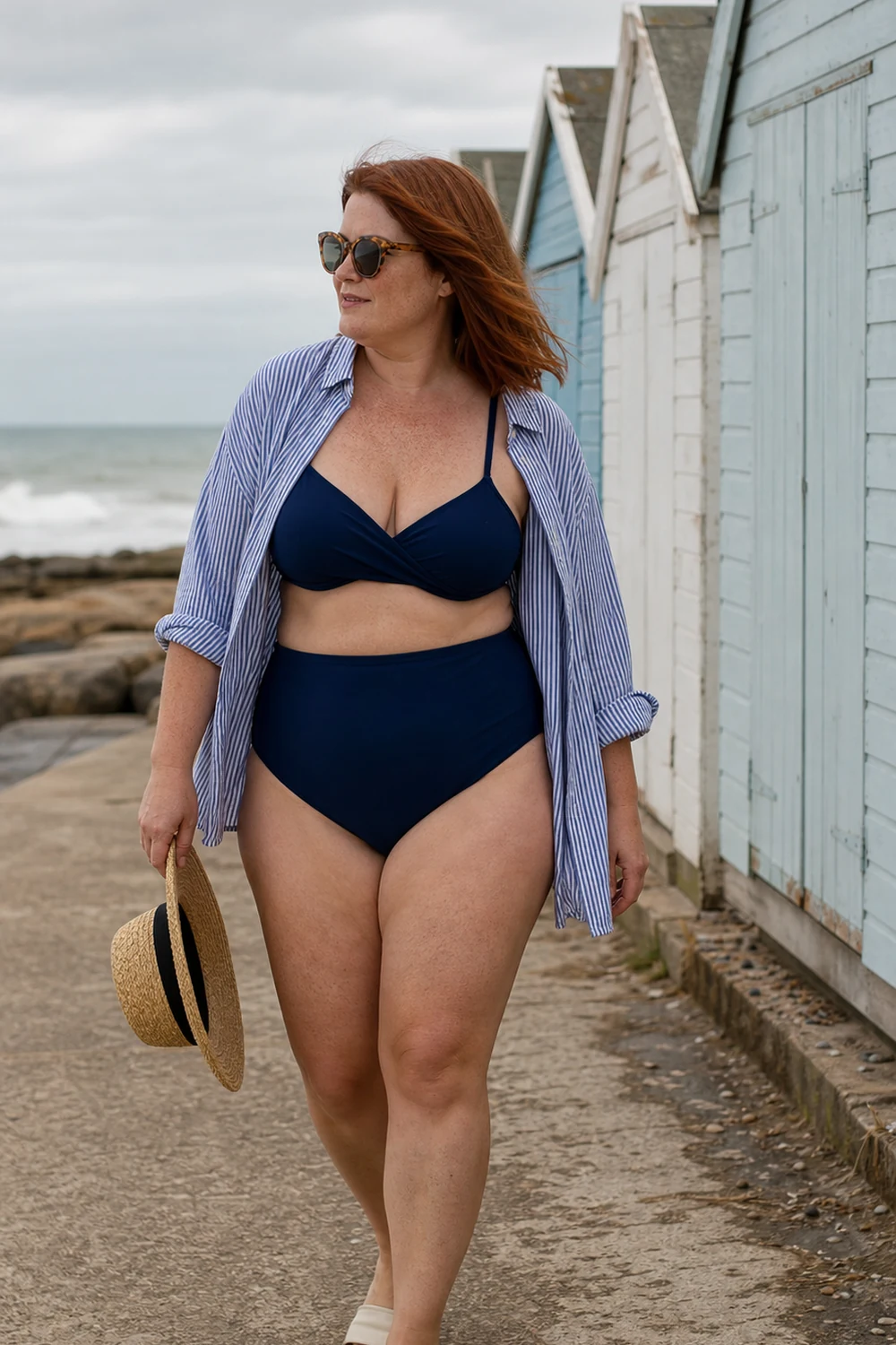 Curvy woman wearing a high-waisted bikini with an oversized striped shirt on the beach