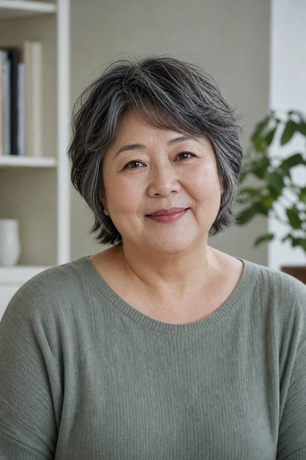 Mature plus size woman with a soft textured bixie haircut