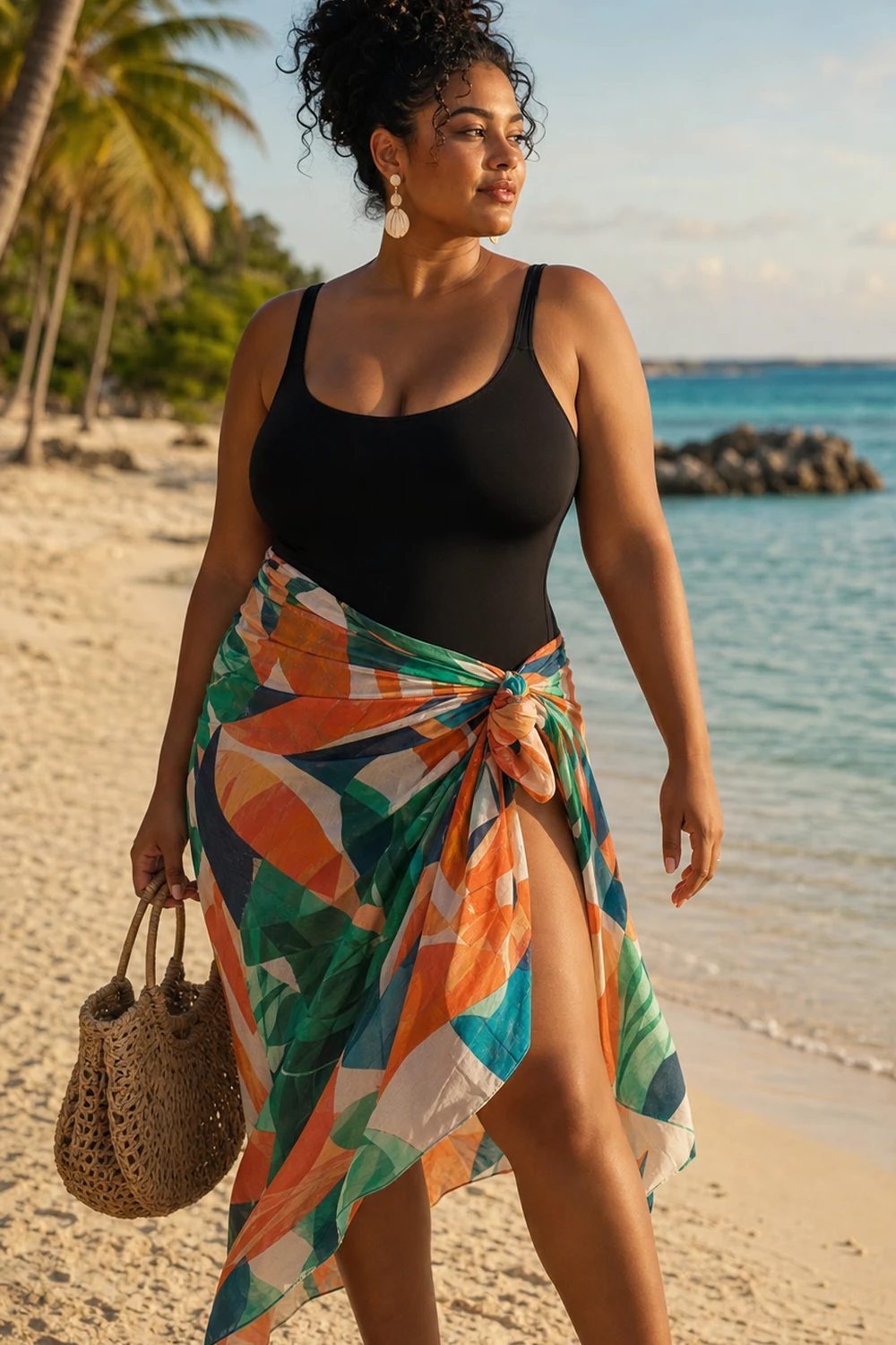 Plus size woman styling a black swimsuit with a colorful printed sarong