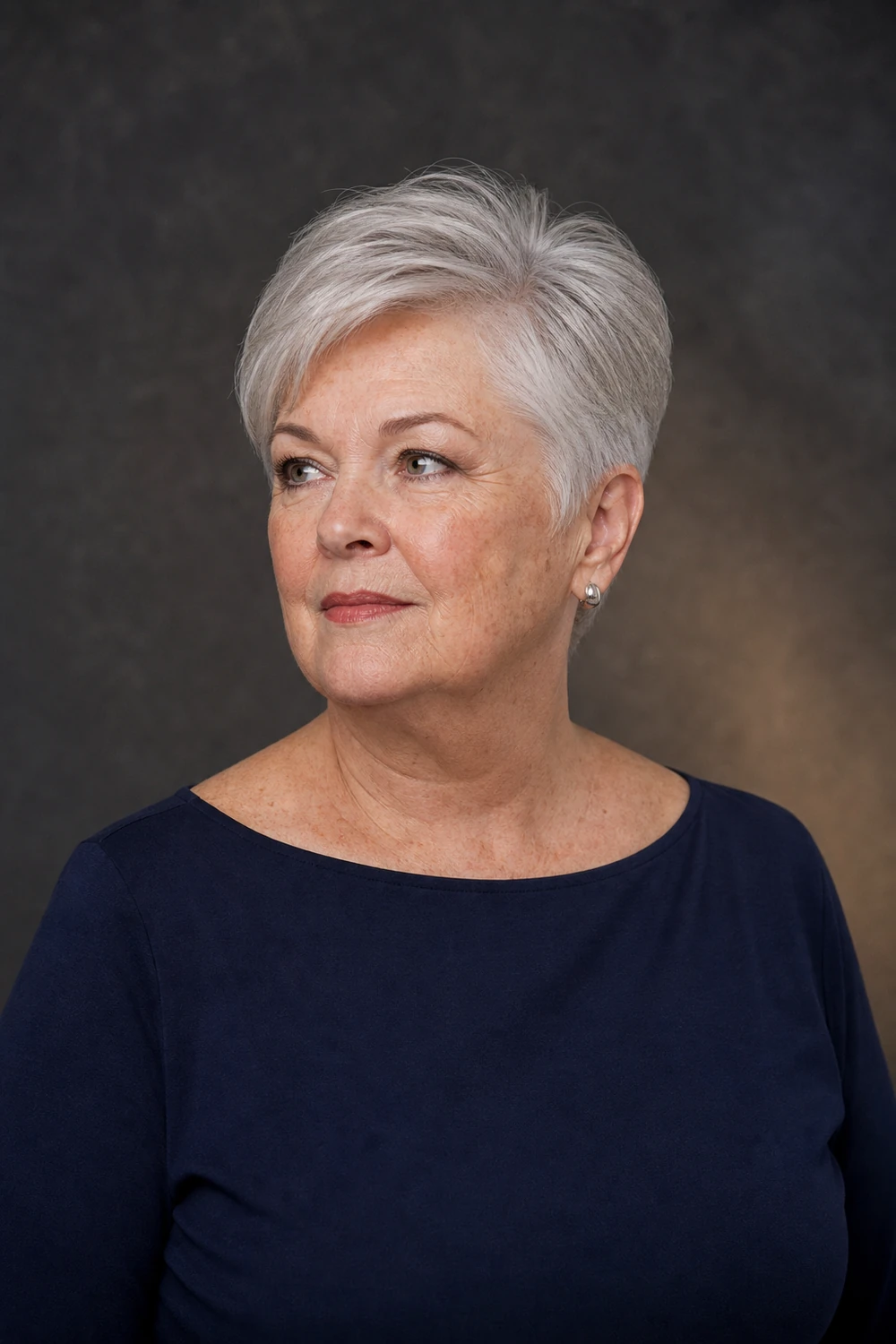 Older curvy woman with a side-parted pixie and soft crown volume