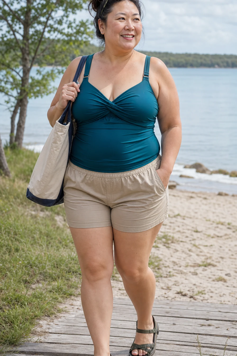 Plus size woman wearing a supportive tankini with lightweight pull-on beach shorts