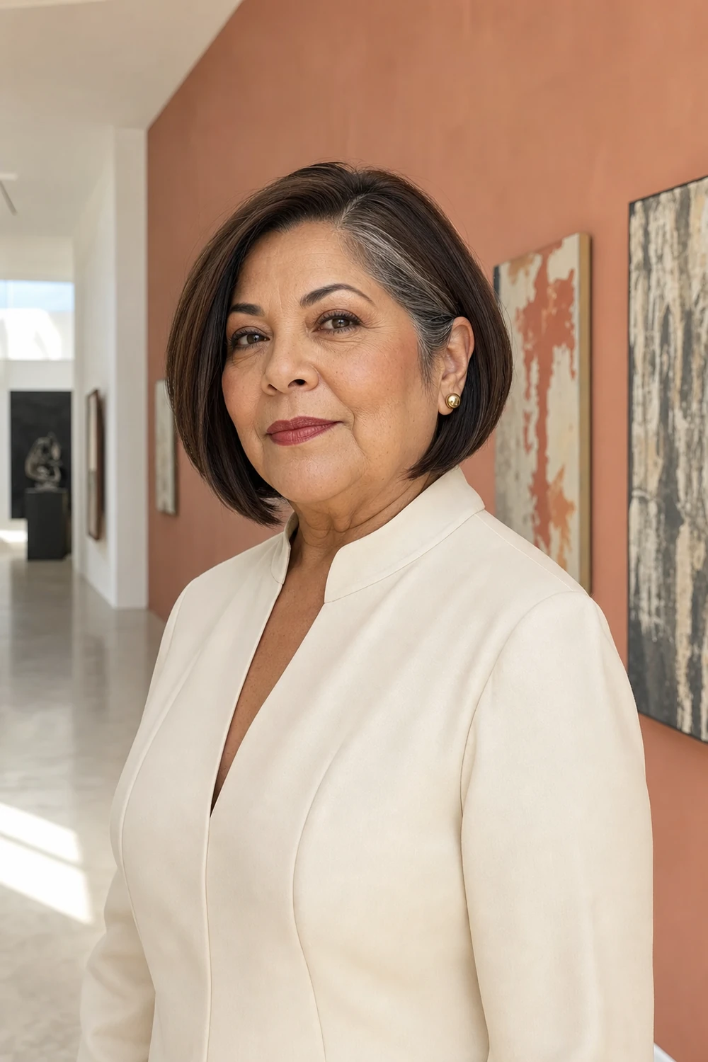 Older plus size woman wearing a chin-length angled bob with a side part