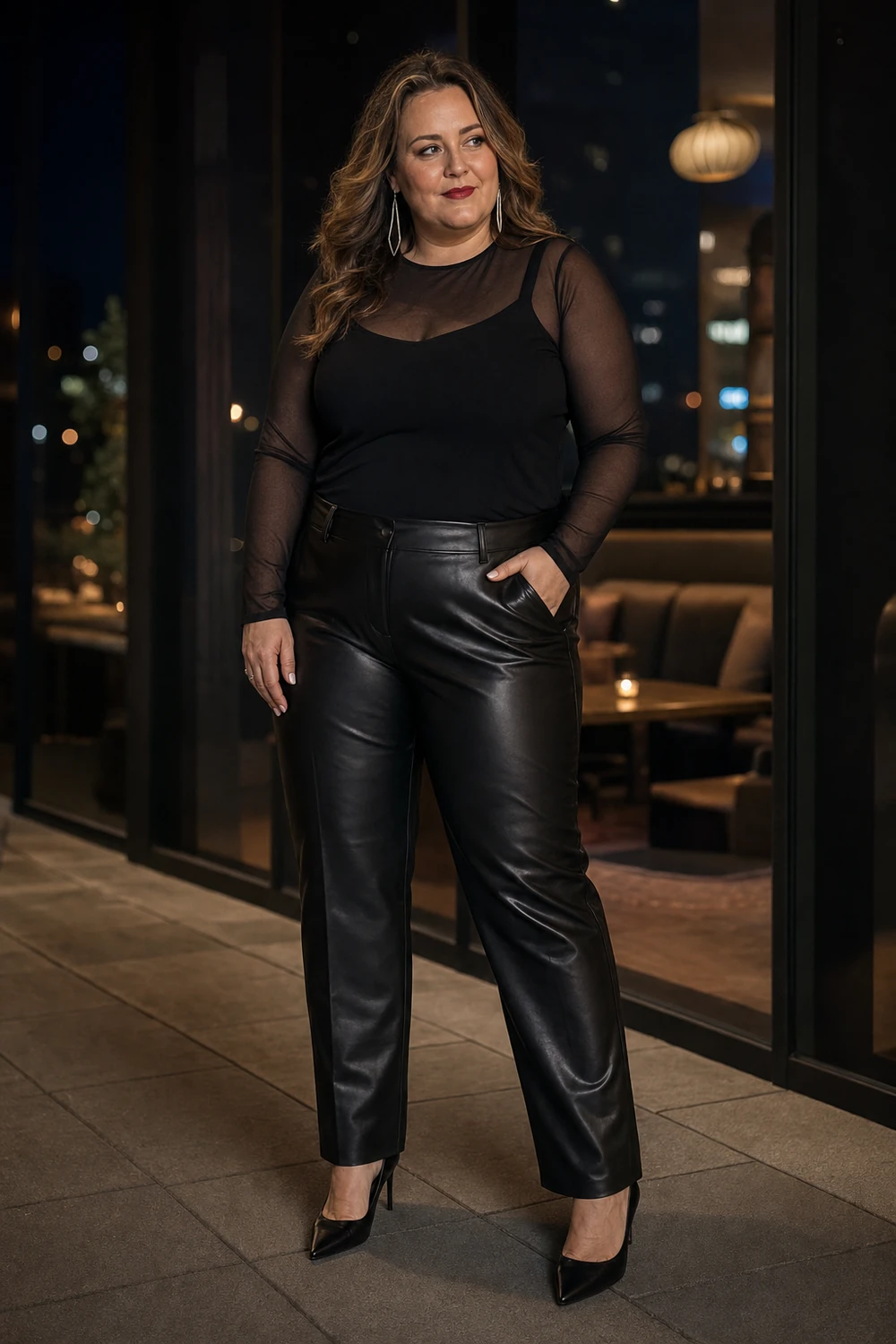 Plus size woman in faux-leather trousers and a sheer black layered top