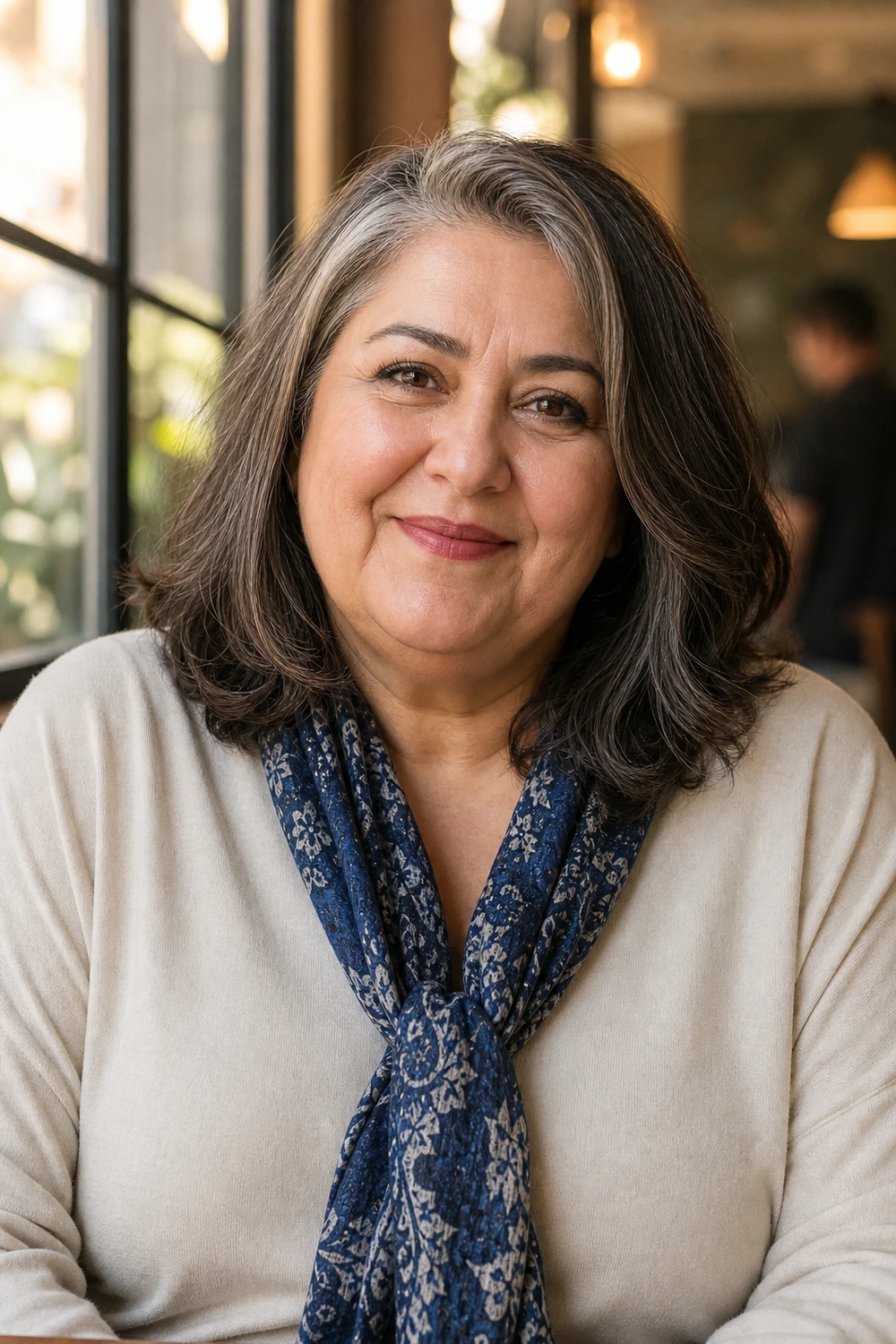 Plus size woman over 60 with a collarbone-length lob and off-center part
