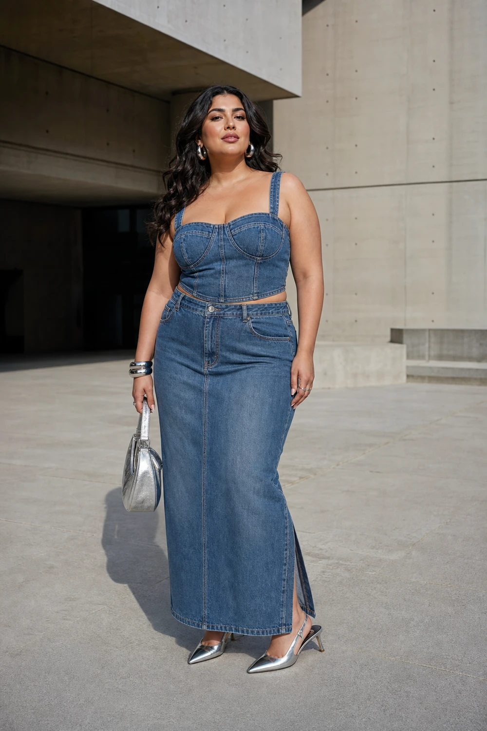 Curvy woman wearing a denim corset top with a matching maxi skirt