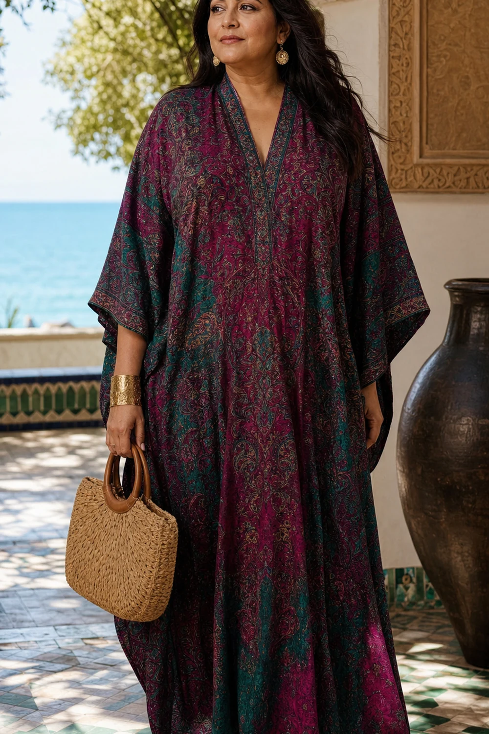 Plus size woman wearing a colorful printed kaftan with flat sandals by the sea