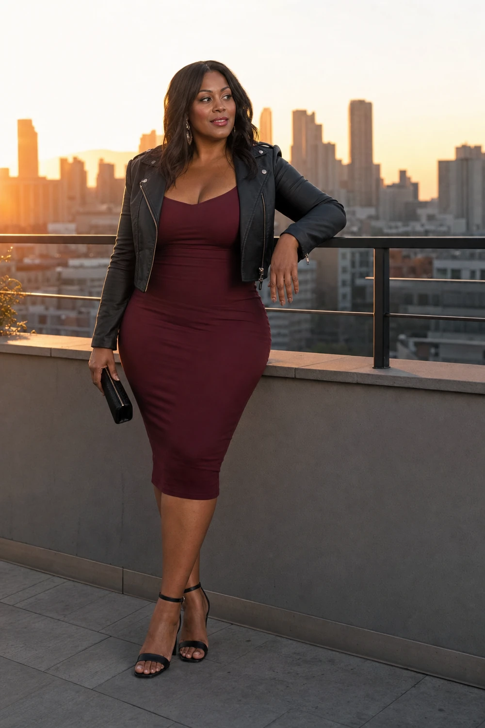 Plus size woman wearing a bodycon midi dress and cropped moto jacket
