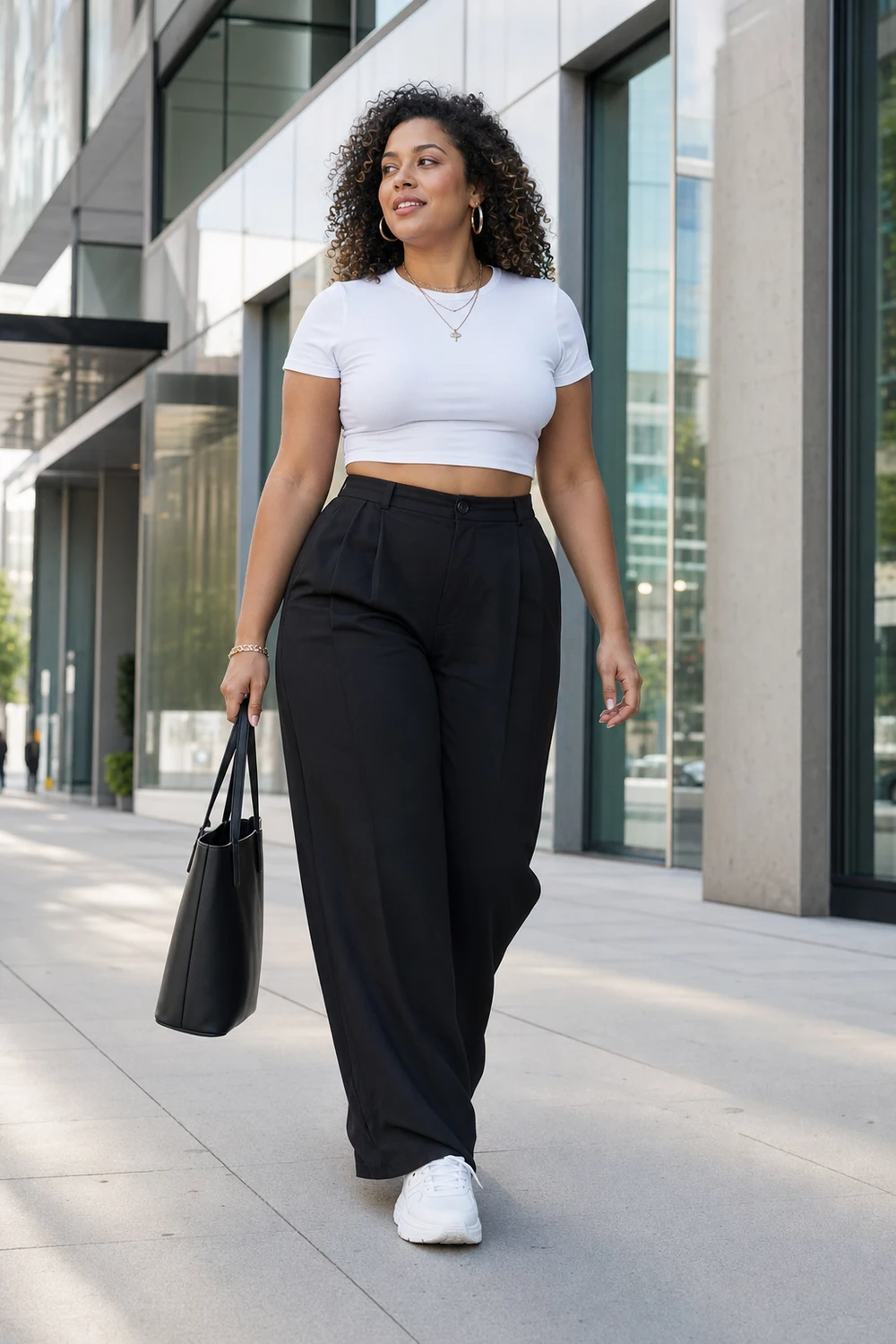 Plus size woman in a cropped white tee and black wide-leg trousers