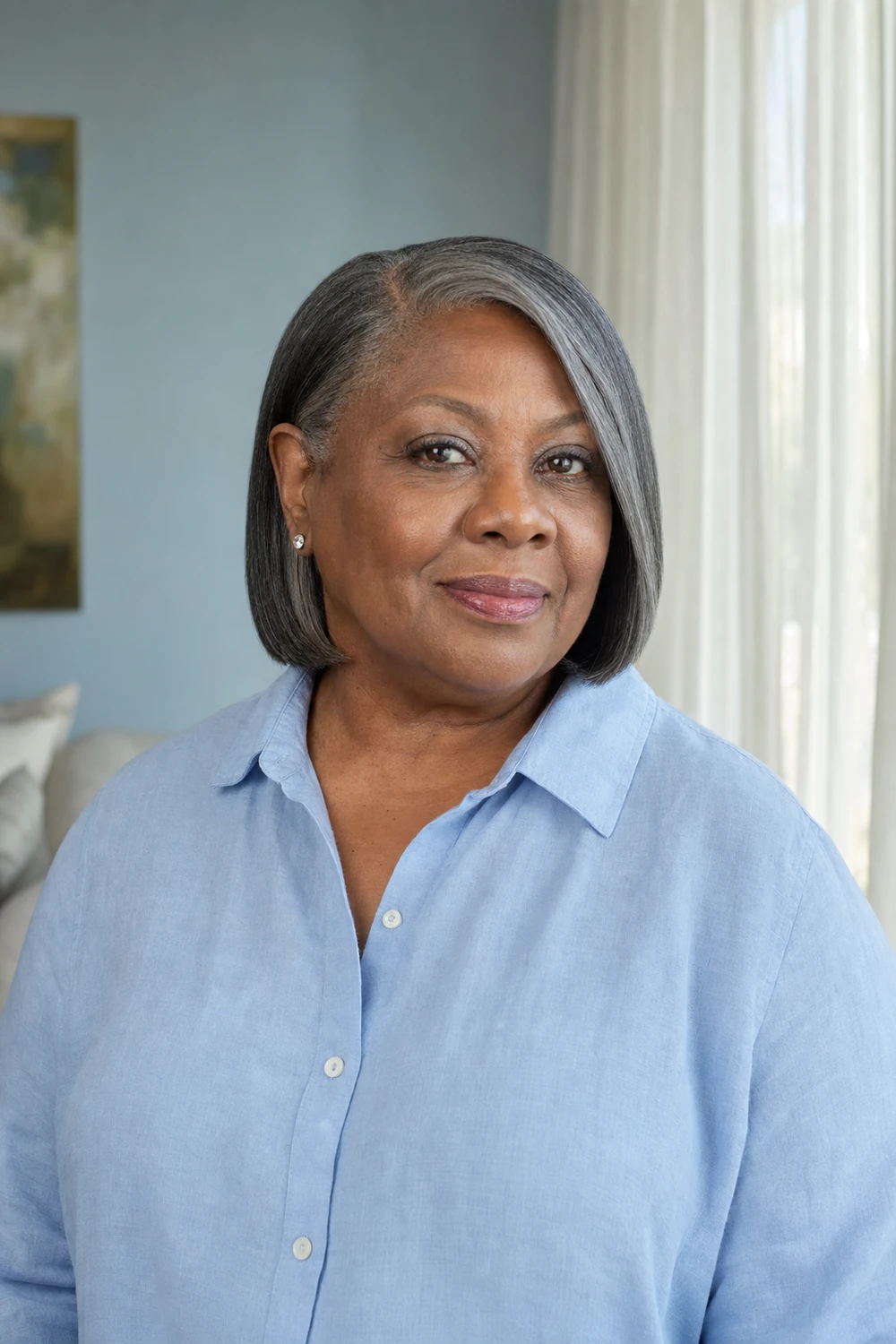 Older plus size woman with a softly blunt bob for fine hair