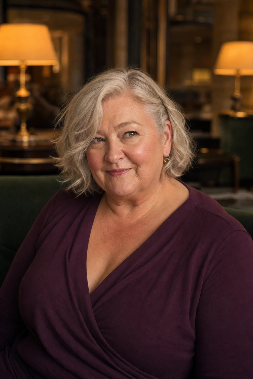 Plus size older woman with a wavy bob and deep side part