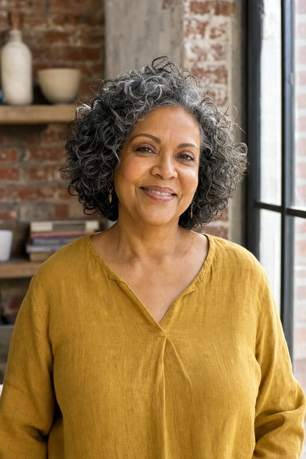 Older plus size woman wearing a layered bob on natural curly hair