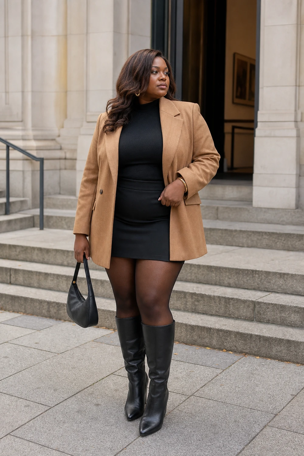 Plus size woman wearing a mini skirt with an oversized blazer and tall boots