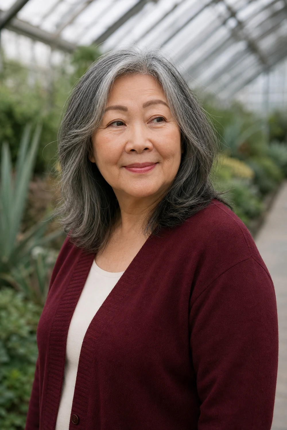 Mature plus size woman with shoulder-length hair and face-framing layers