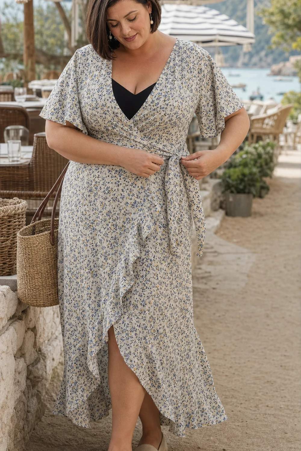 Curvy woman wearing a floral wrap maxi dress over swimwear at a beach café