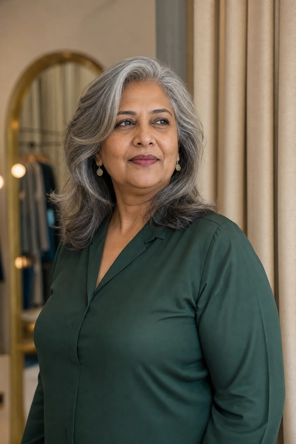 Older curvy woman with a modern feathered medium-length haircut