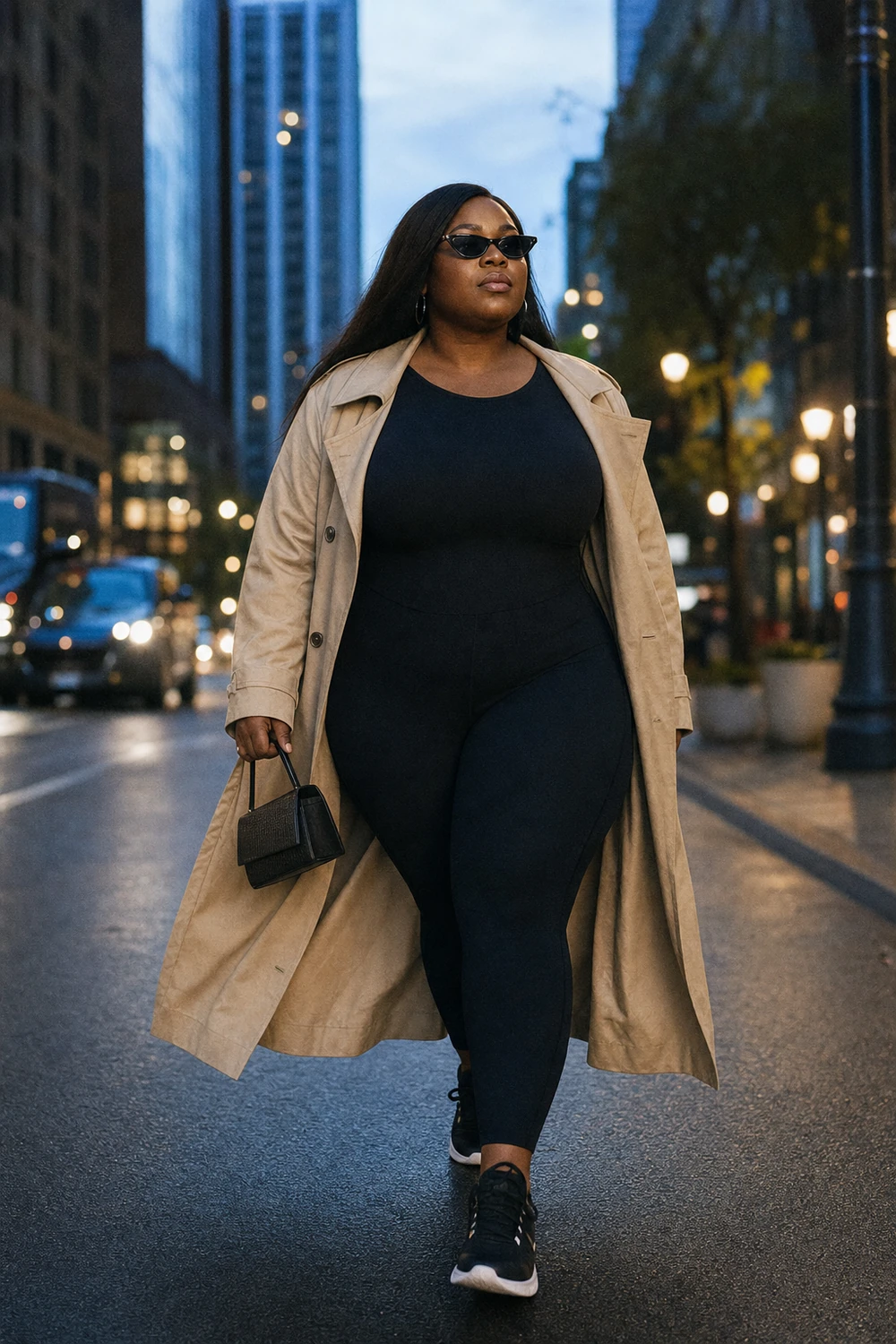 Plus size woman wearing a black catsuit under a long trench coat