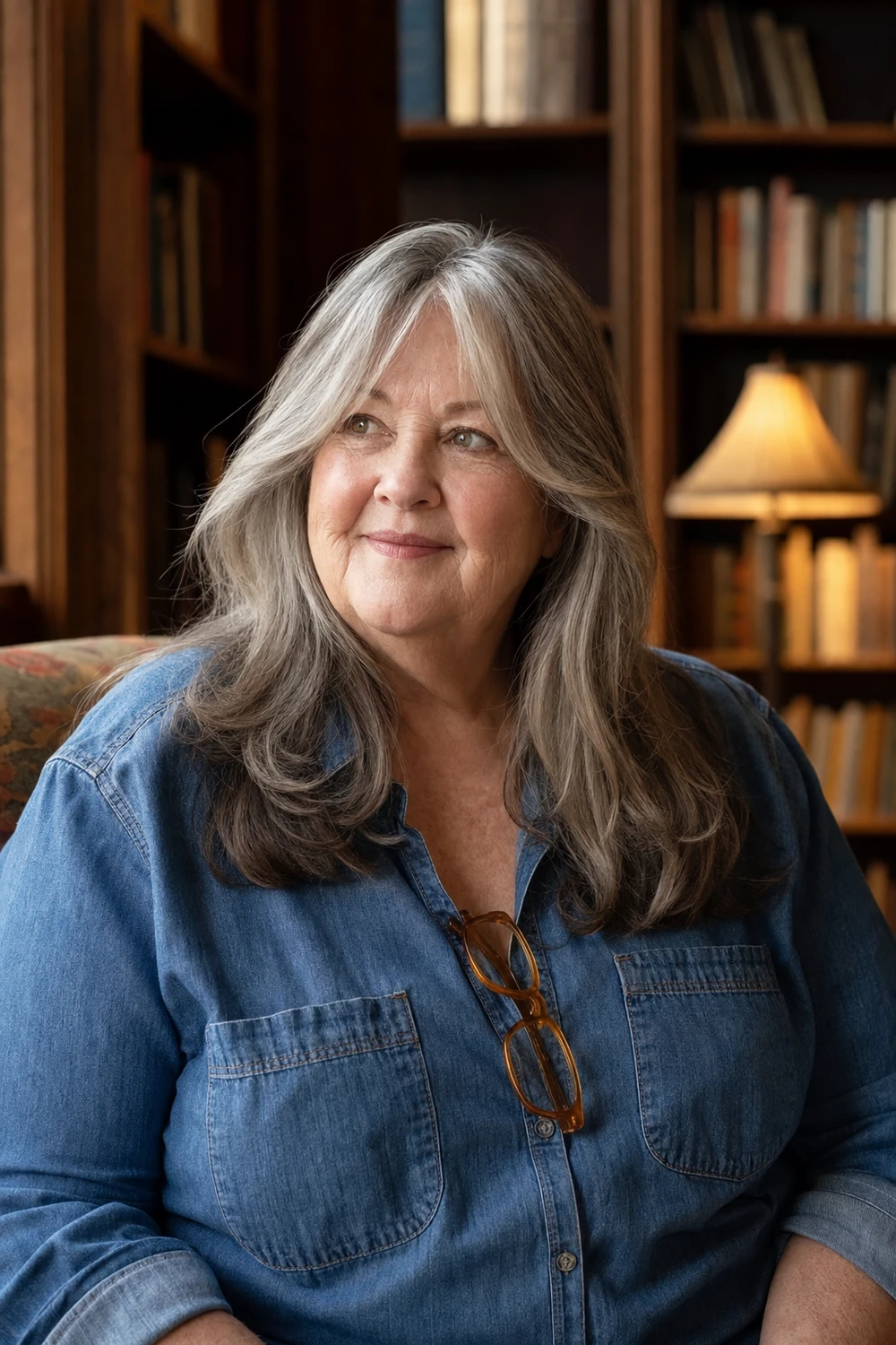 Plus size older woman with long layered hair and curtain bangs