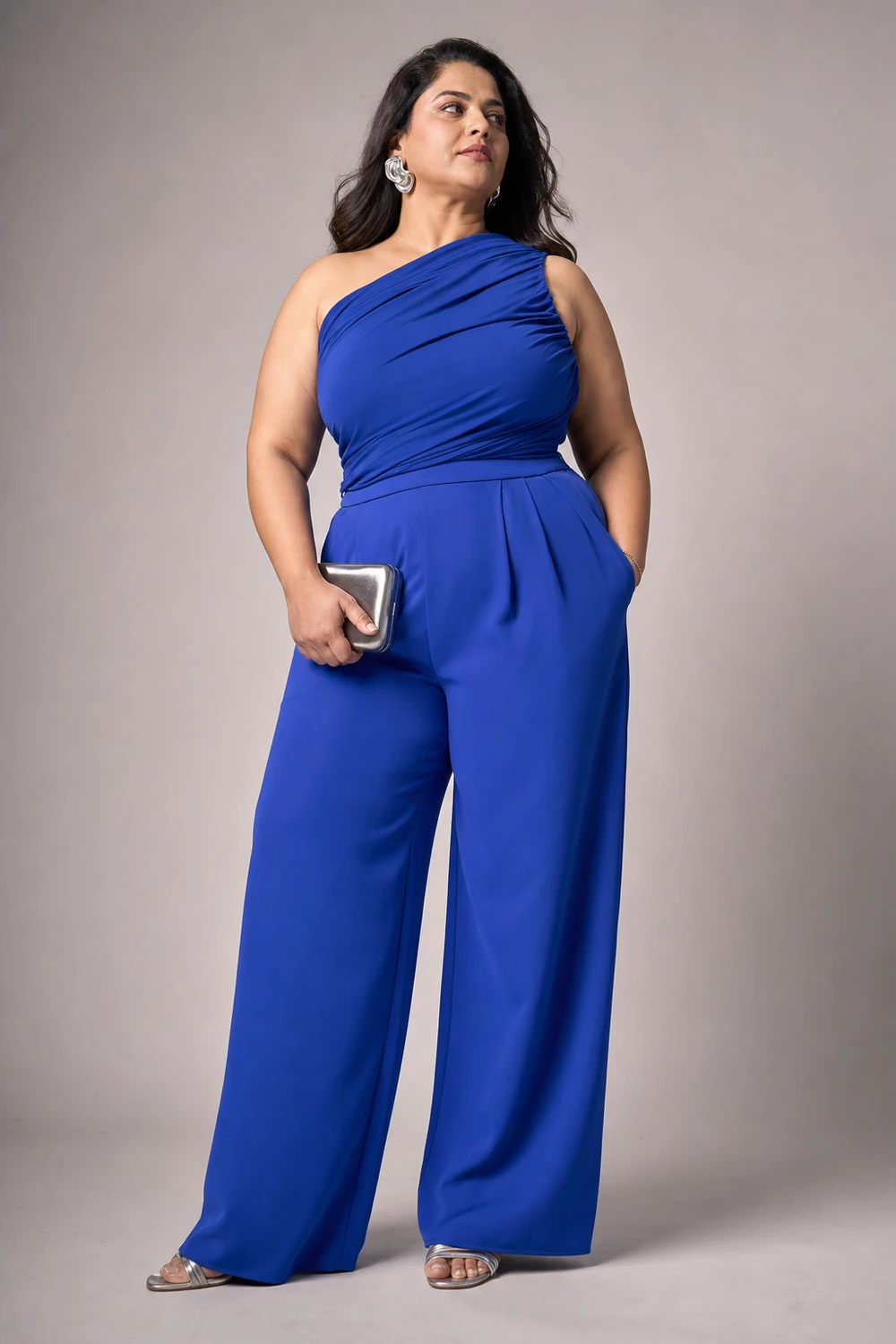 Plus size woman wearing a bright cobalt monochrome trouser outfit