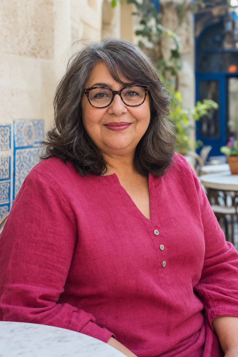 Mature full-figured woman with shoulder-length hair and side-swept bangs