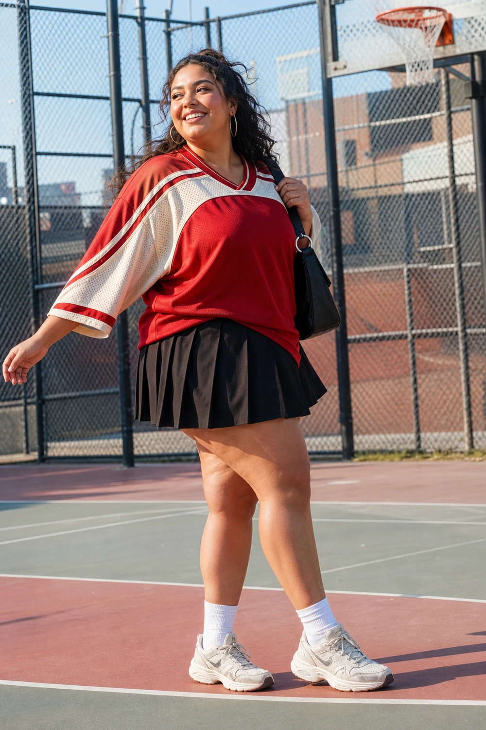Plus size woman styling a sport jersey with a pleated mini skirt