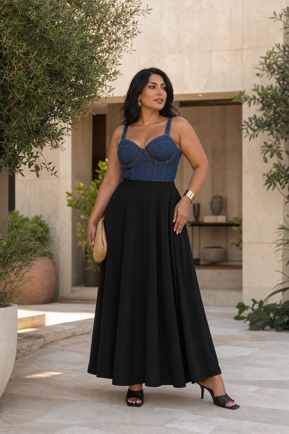 Plus size woman wearing a denim bustier with a fluid black maxi skirt