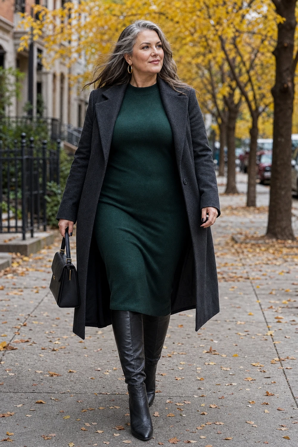 Plus size woman wearing a fitted sweater dress with knee-high boots