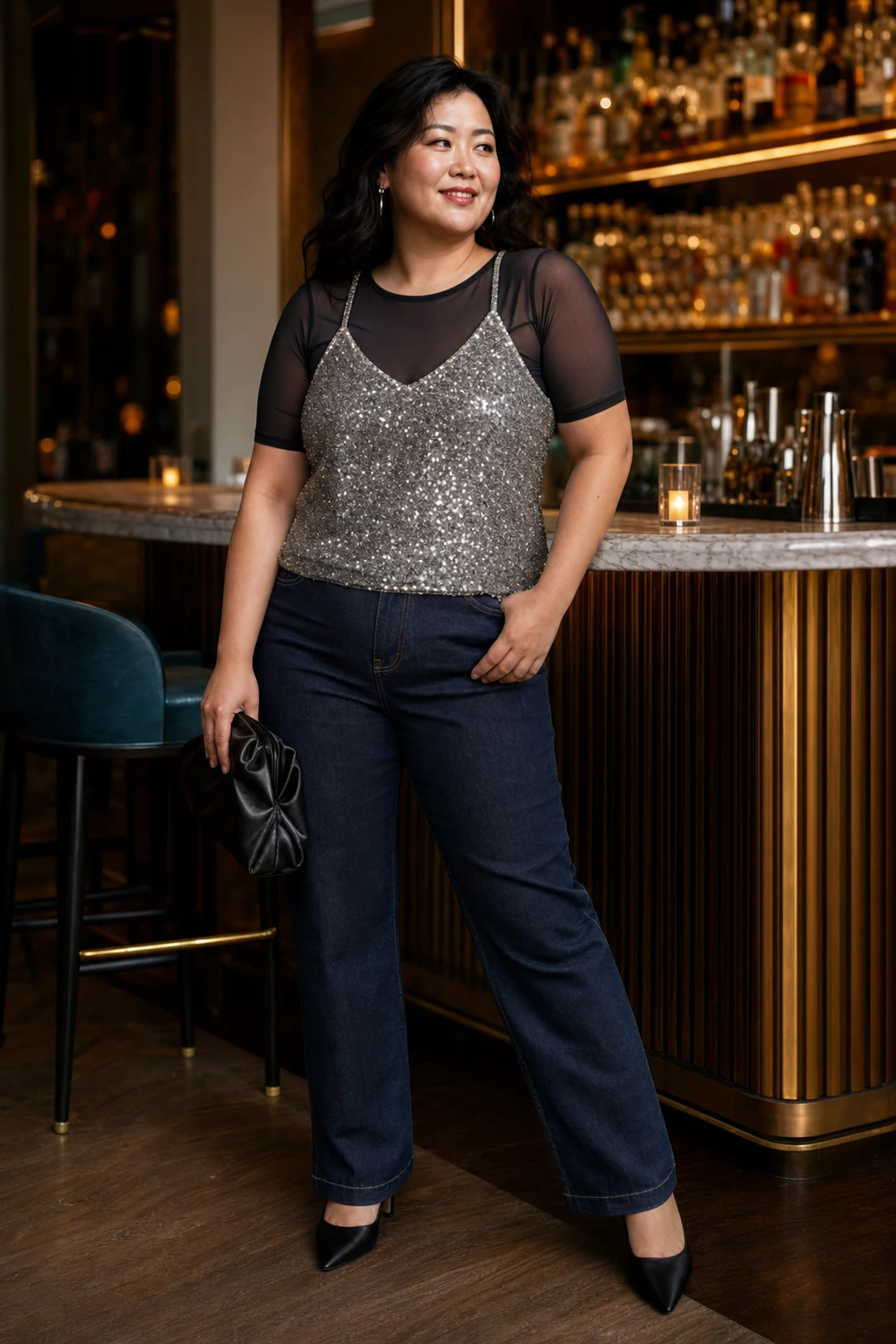 Plus size woman wearing a sequin top with dark straight-leg jeans