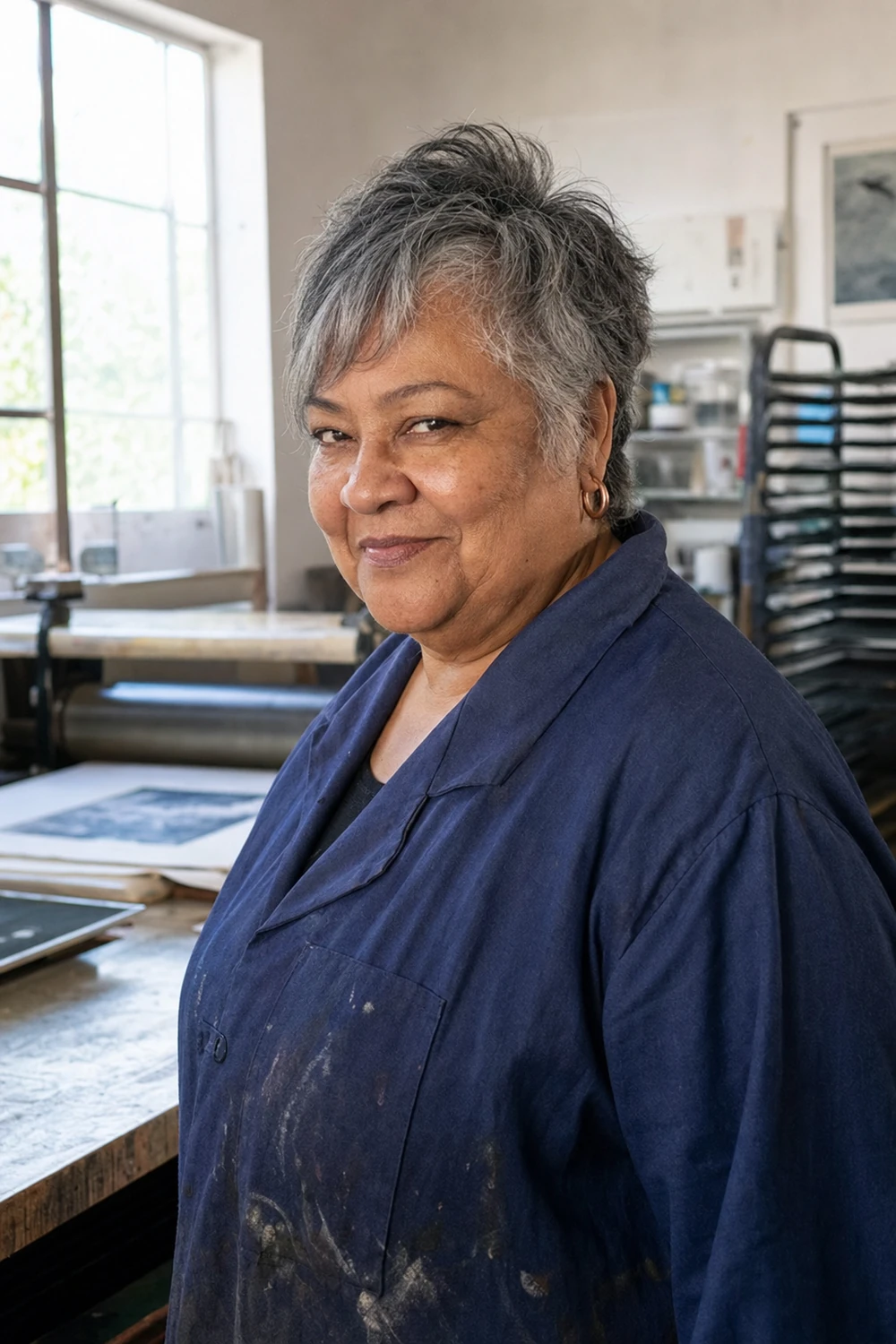 Plus size older woman with a salt-and-pepper piecey crop haircut