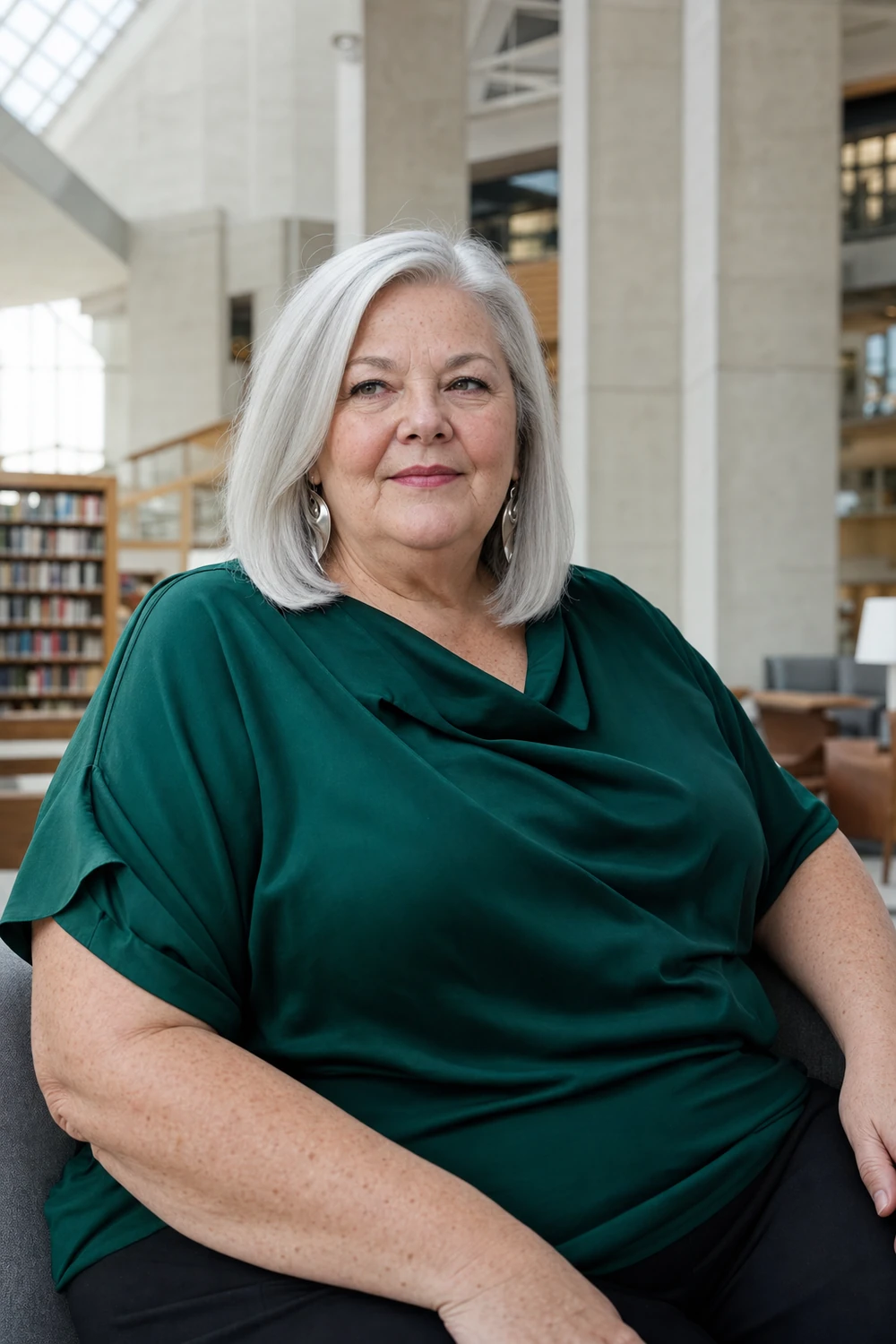 Mature plus size woman wearing a sleek silver lob haircut