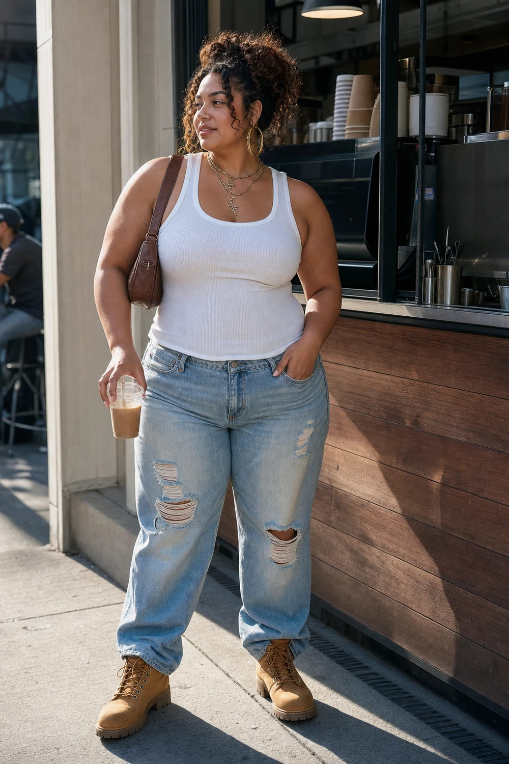 Plus size woman wearing a white tank top with distressed relaxed jeans