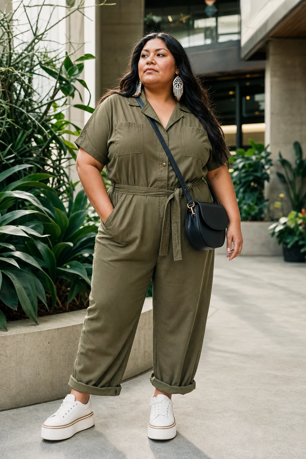 Plus size woman wearing a belted olive utility jumpsuit