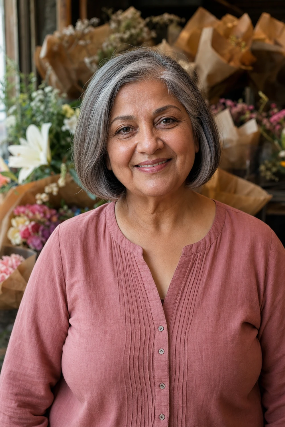 Older plus size woman with a one-length bob for fine or thinning hair
