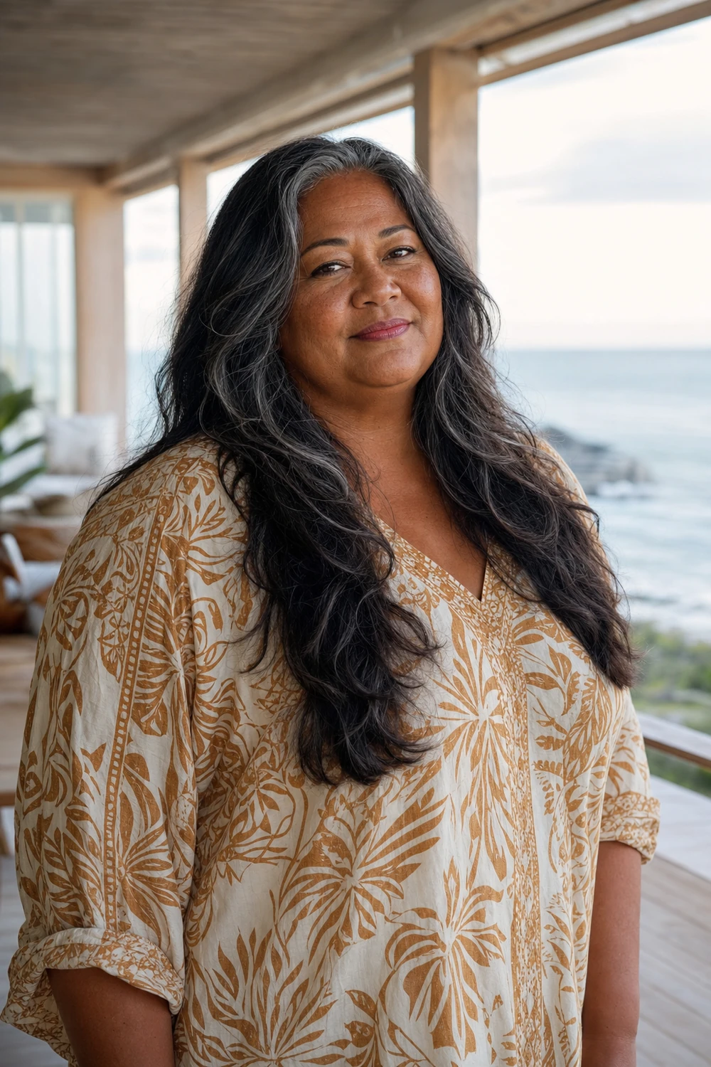 Older full-figured woman with long graduated layers for thick hair