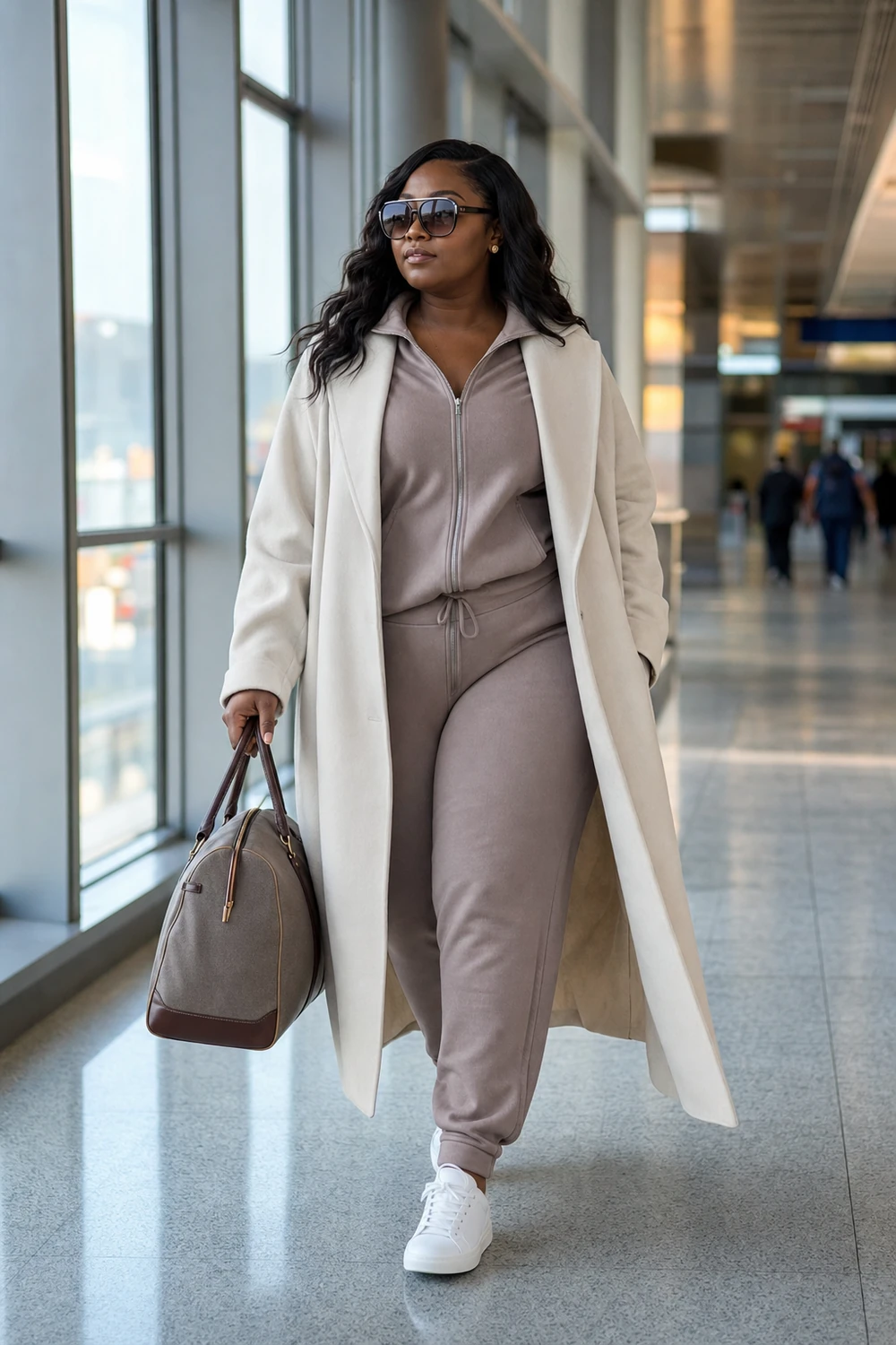 Plus size woman wearing a neutral tracksuit with a long tailored coat
