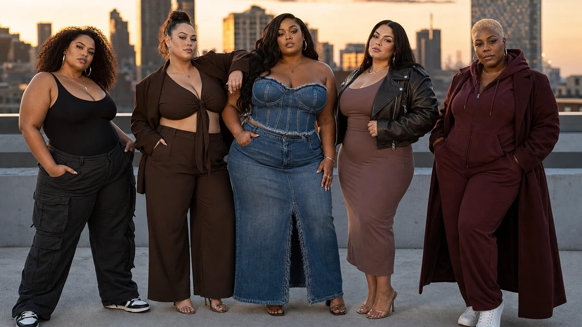 Plus size women wearing confident baddie outfits in a city rooftop setting
