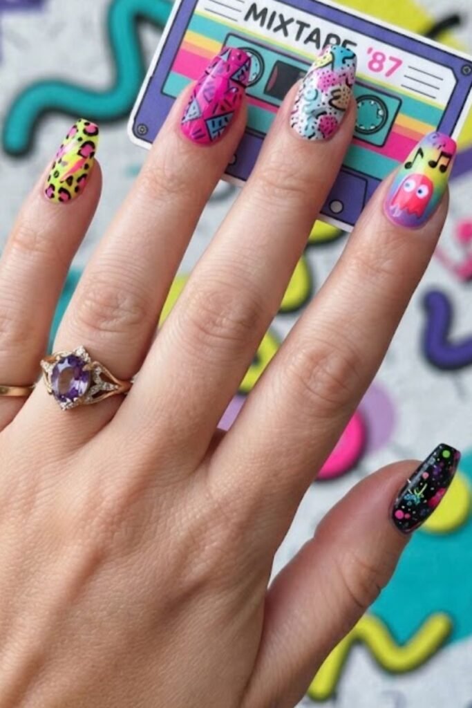 Abstract neon squiggle nail art on a white base