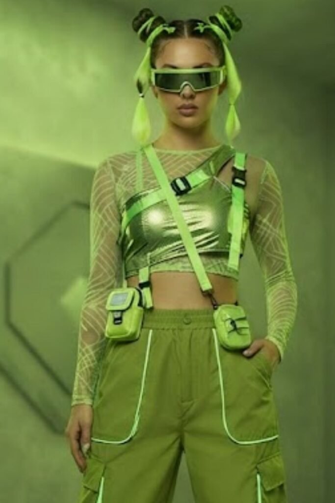 Woman wearing an acid green monochrome top and trousers