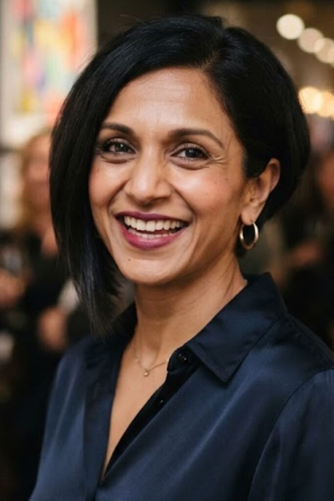 Woman with an asymmetrical bob haircut