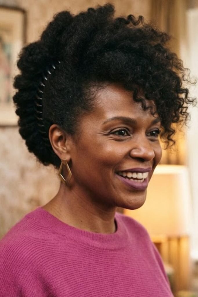 Woman wearing an 80s banana clip updo