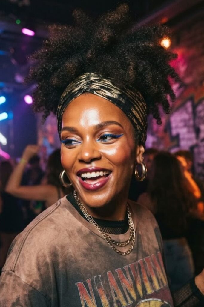 Woman with big natural hair and a bold 80s headband