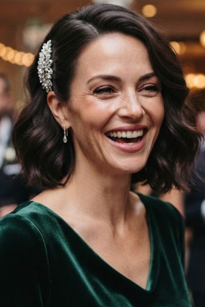 Woman with a bob pinned back with a jeweled clip