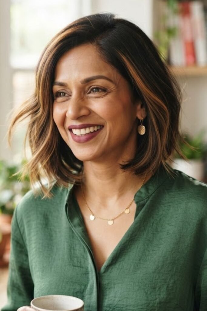 Woman over 40 with a bob and caramel highlights