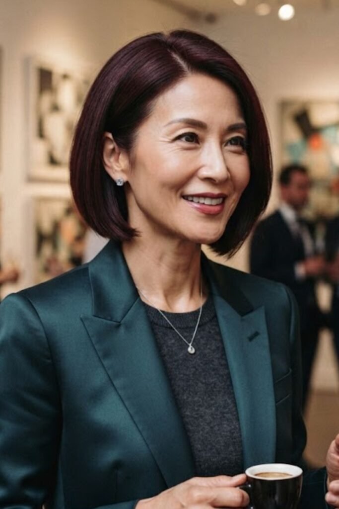 Woman with a dark cherry red bob