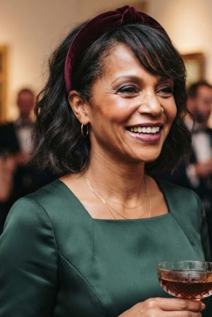 Woman with a bob and a wide velvet headband