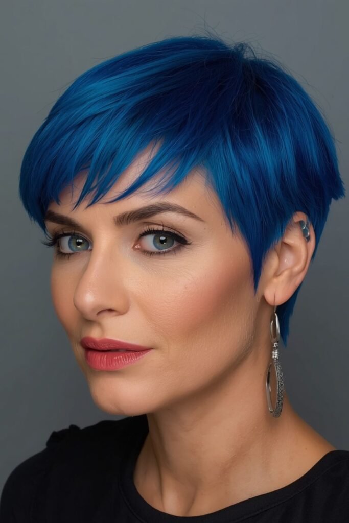 Woman over 50 with a bold red pixie cut