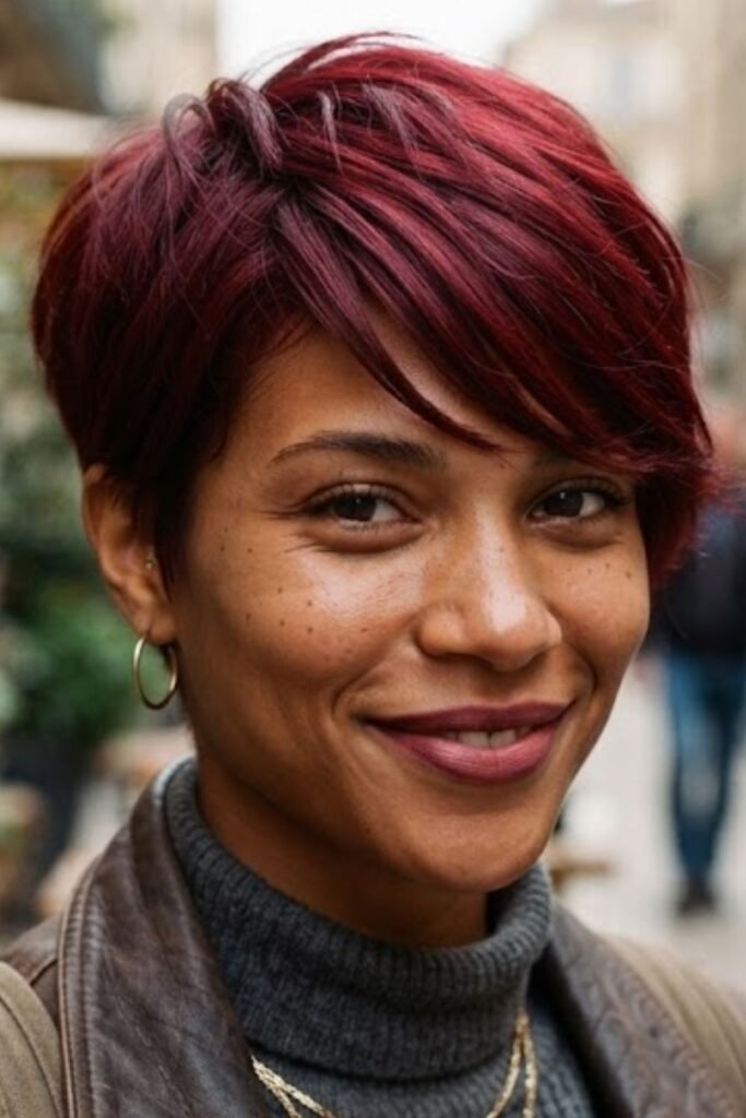 Woman with a dark cherry red short cut